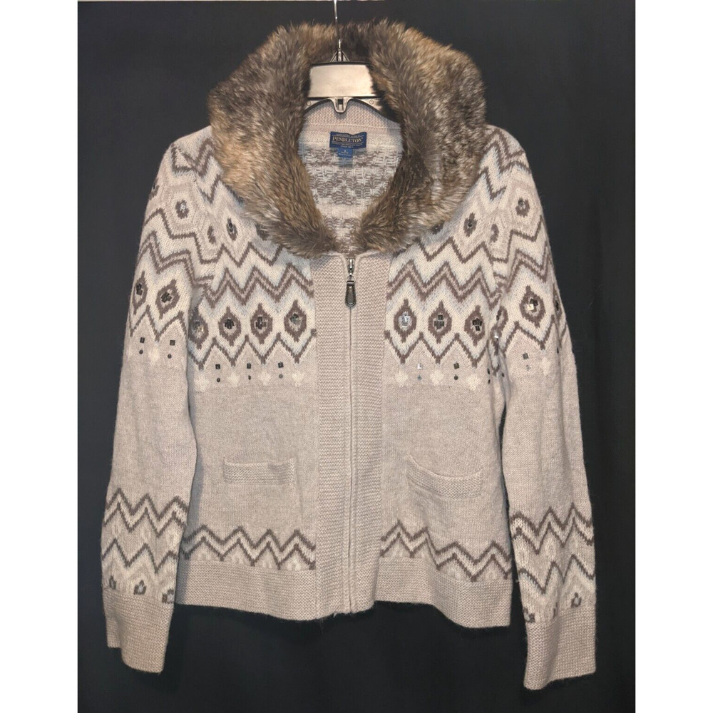 Pendleton Aztec Alpaca Wool Sweater S Cardigan Jacket Removable Faux Fur Collar